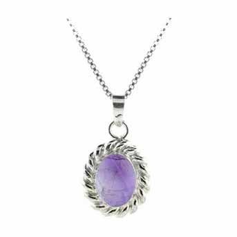 Sterling Silver Twisted Silver Border Genuine Amethyst Stone Oval Pendant - Grocery