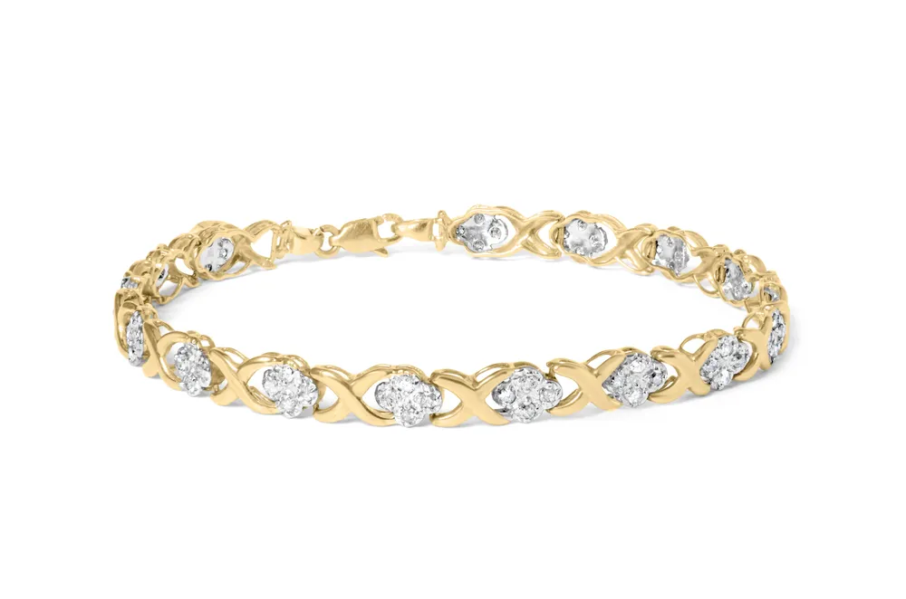 10K Yellow Gold over .925 Sterling Silver 1.0 Cttw Diamond Cluster X Link Tennis Link Bracelet (H-I Color, I3 Clarity) - 7