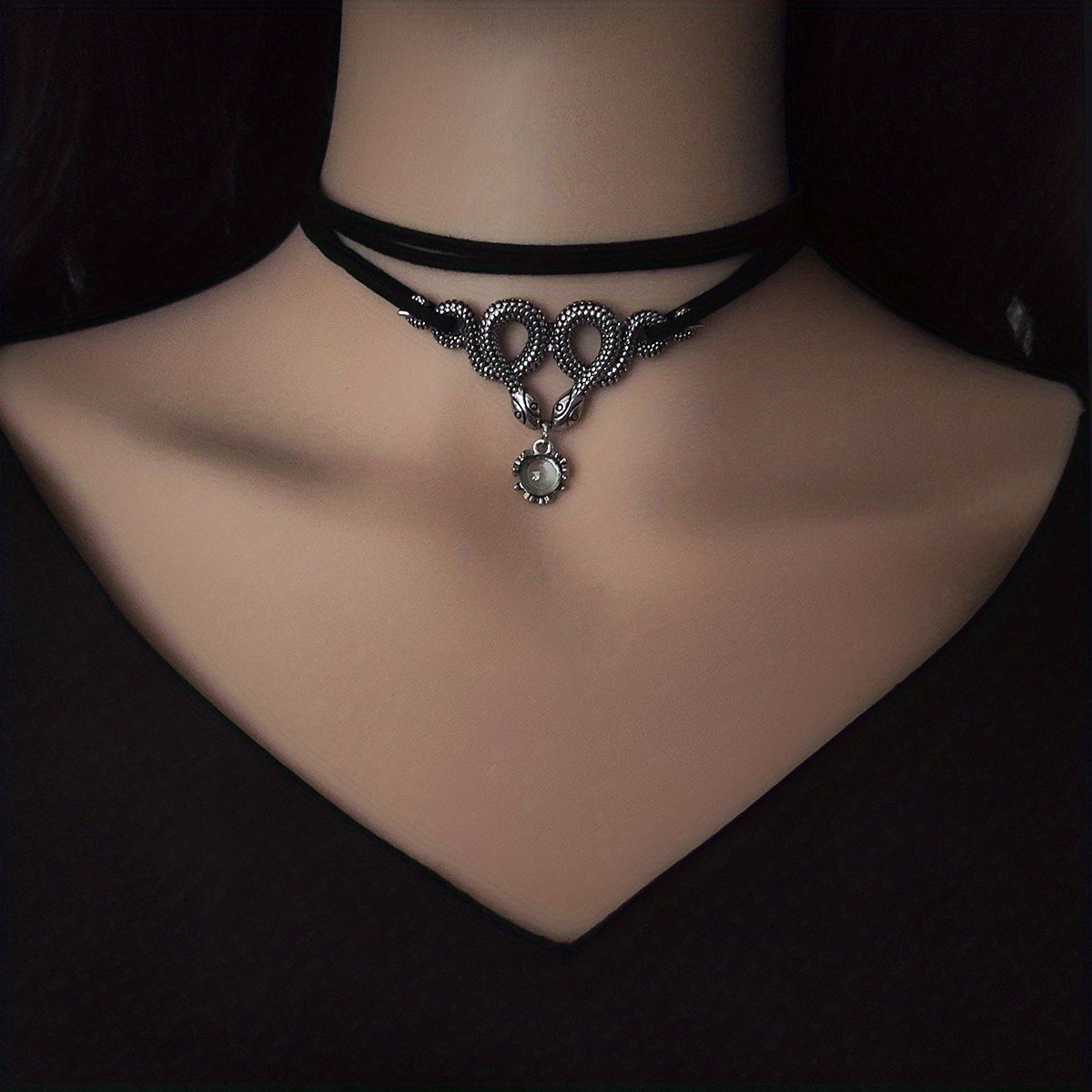 Add a Retro Twist to Your Style with Double Heart Pendant Snake Glass Bead Necklace - Women's Punk Style - Grocery
