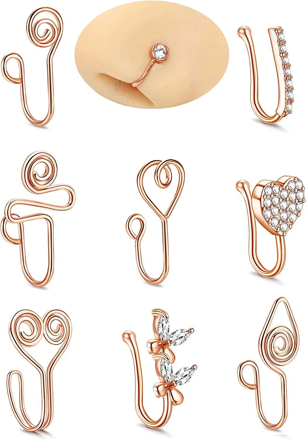 African Fake Nose Rings for Women Men 316L Surgical Non Piercing Nose Ring Clip on Faux Ear Cuff Heart Butterfly CZ Cartilage Tragus Ring - Grocery