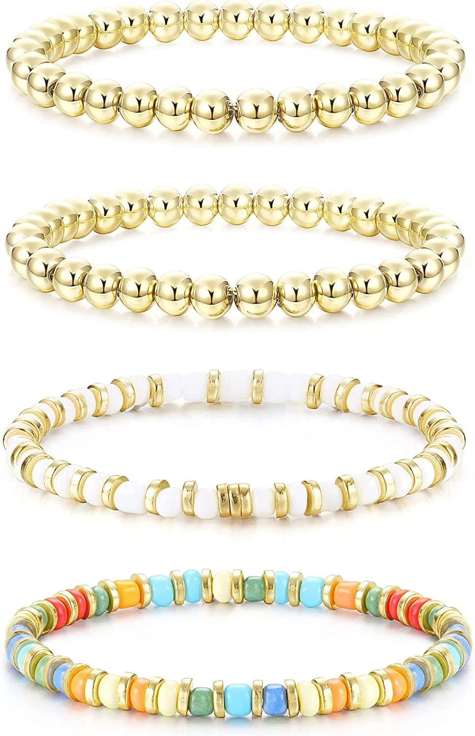 14K Gold Plated Beaded Bracelets for Women Gold Layered Paperclip Beads Link Chain Bracelets Stretchable Elastic Bracelet Sets - Grocery