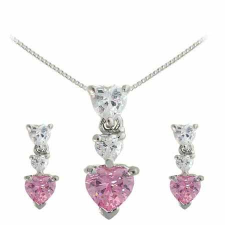 Sterling Silver Pink and Simulated Diamond cz Graduating Heart Earring and Slide Pendant Set - Grocery