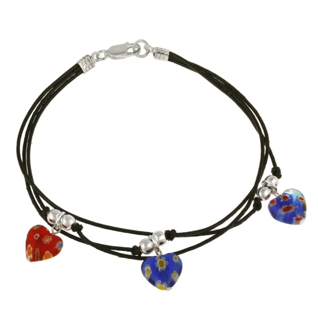Sterling Silver Multi Color Millifiroi Glass Heart & Beads on Leather Cord Bracelet - Grocery