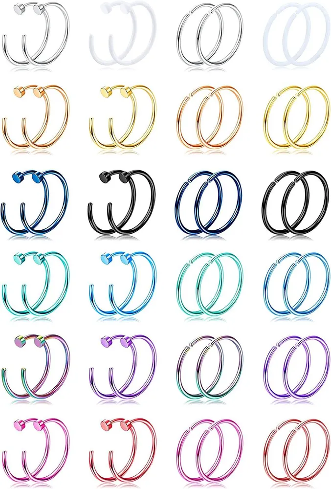 18G Nose Rings Hoop for Women Men Stainless Nose Lip Cartilage Helix Colorful Hoop Body Piercing Jewelry - Grocery