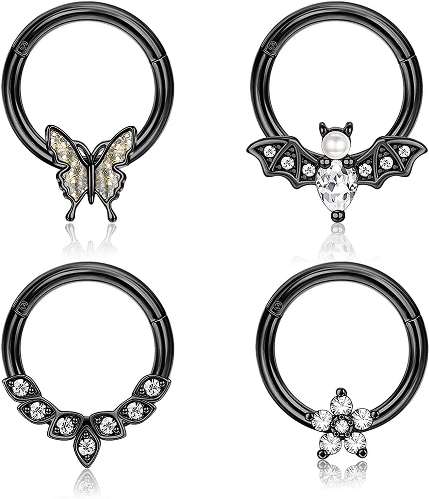 4Pcs 16G Septum Rings Stainless Hoop Nose Ring Cartilage Helix Piercing Tragus Hoop Daith Earrings CZ Butterfly Flower Bat Piercing Septum Jewerly - Grocery