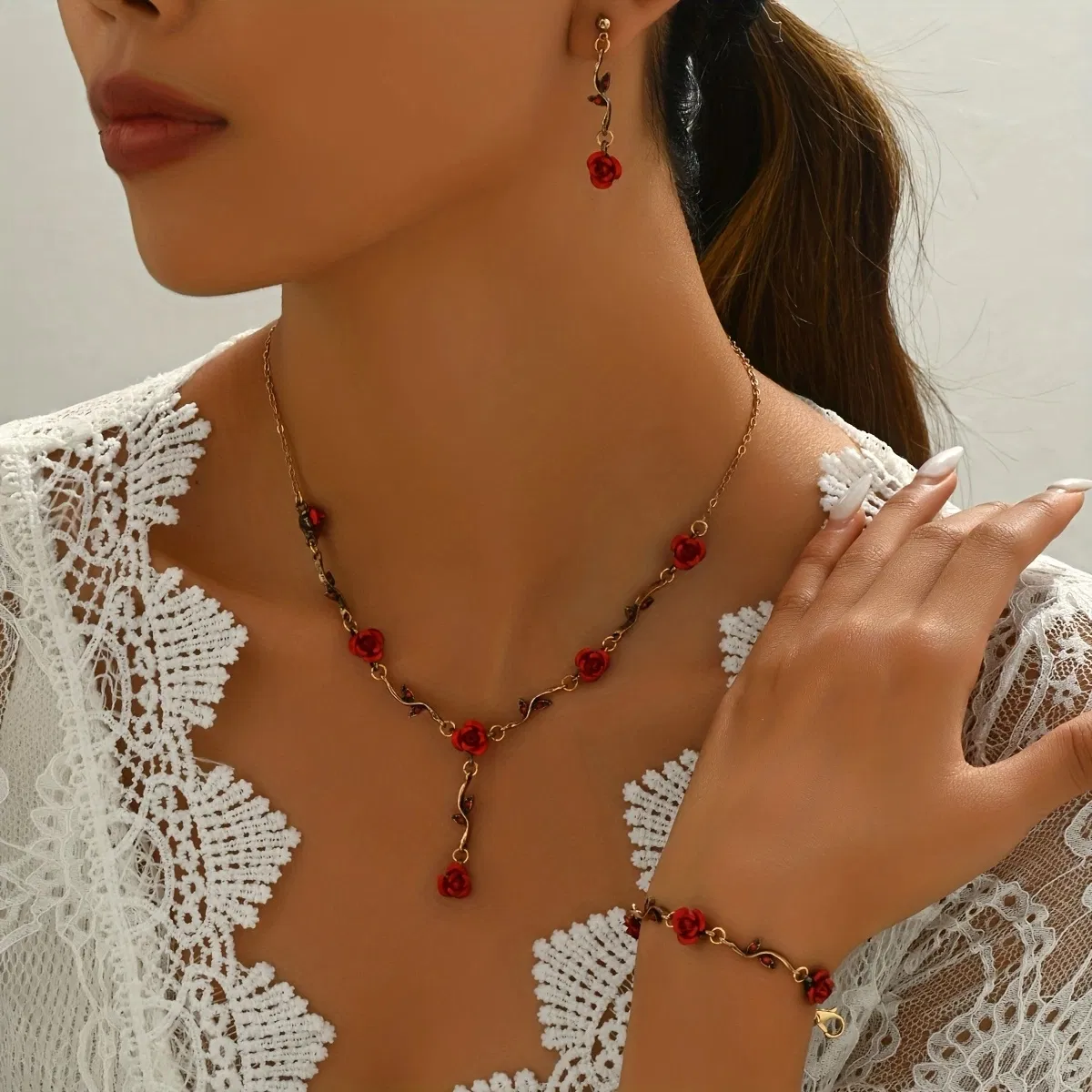 Romantic Rose Garden Jewelry Set - Necklace, Bracelet, and Earrings - Grocery