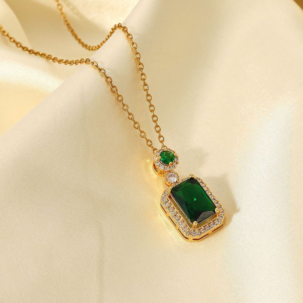 Vintage Green Square Zircon White Zirconium Trim Pendant Necklace Copper Set Zirconium Necklace Women's - Grocery