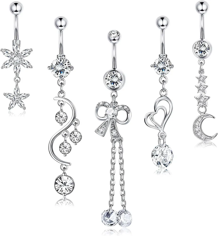 5Pcs Belly Button Rings 14G Surgical Belly Button Rings CZ Silver Belly Piercing Dangle Belly Button Rings - Grocery