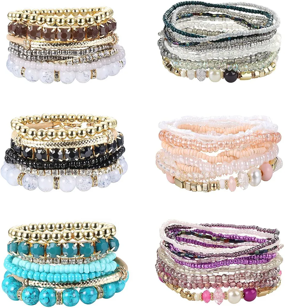 6 Set Bohemian Stackable Bead Bracelets for Women Colorful Bangle Bracelets Multilayer Stretch Stackable Bracelets - Grocery