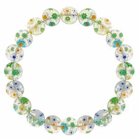Sterling Silver Spring Green,Blue,Yellow, and White Disc Millefiori Murano Glass Stretch Bracelet - Grocery