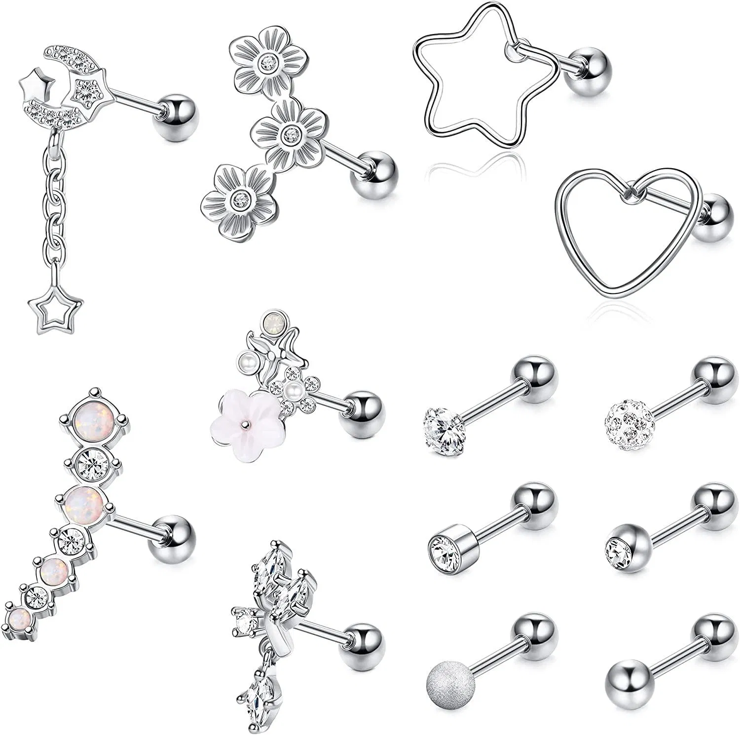 13Pcs 16G Cartilage Earrings Stainless Moon Star Flower Heart Stud Earrings Tragus Helix Conch Daith Piercing for Women Men - Grocery