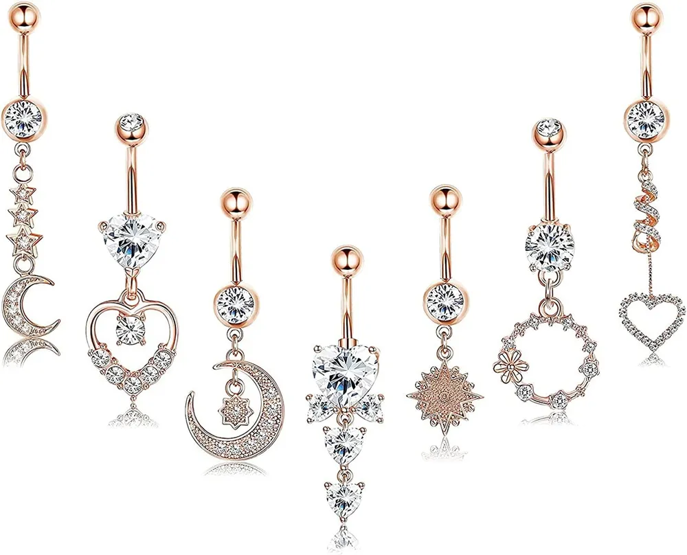 7PCS 14G Dangle Belly Button Rings for Women 316L Stainless CZ Navel Barbell Rings Heart Star Moon Curved Barbell Body Piercing Jewelry - Grocery