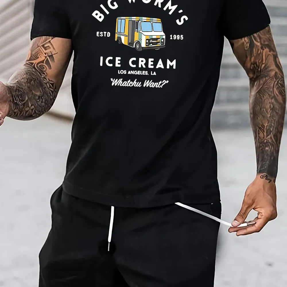 Men's Ice Cream Truck Pattern Printed Round Neck Short Sleeved T-shirt, Casual Summer T-shirt, Suitable For Daily Wear And Vacation Destinations - Grocery