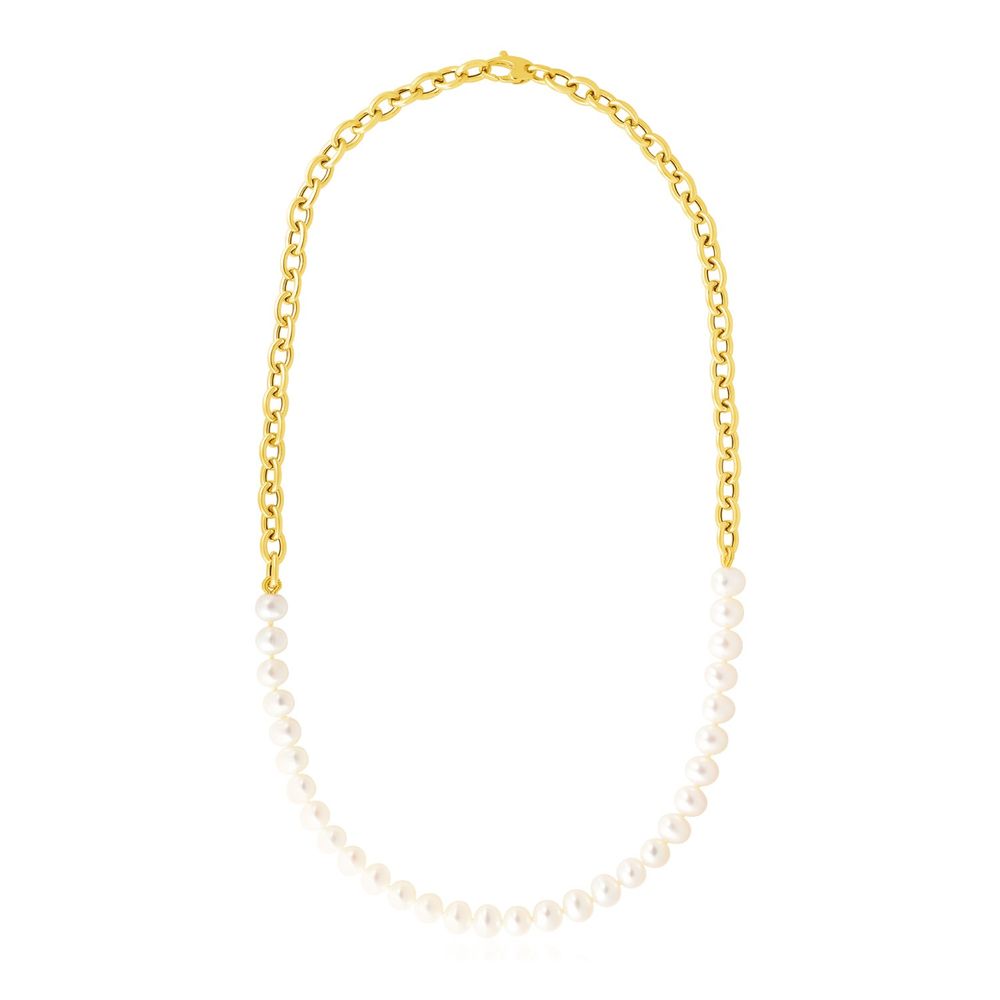 14k Yellow Gold Oval Chain Necklace with Pearls - Grocery