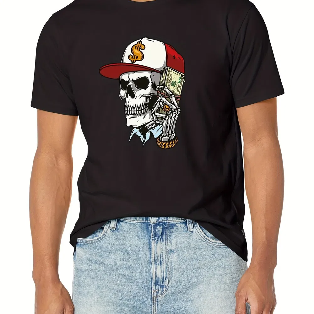Skull And A Lot Of Money Printed T-shirt, Men's T-shirt, Summer Casual Short Sleeved T-shirt - Grocery