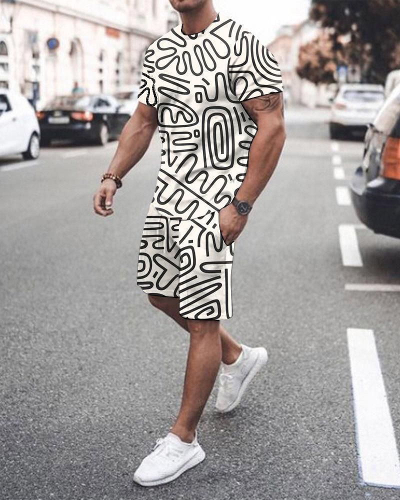 3D T-shirt digital printing short-sleeved shorts suit men's casual beach pants two-piece set - Grocery