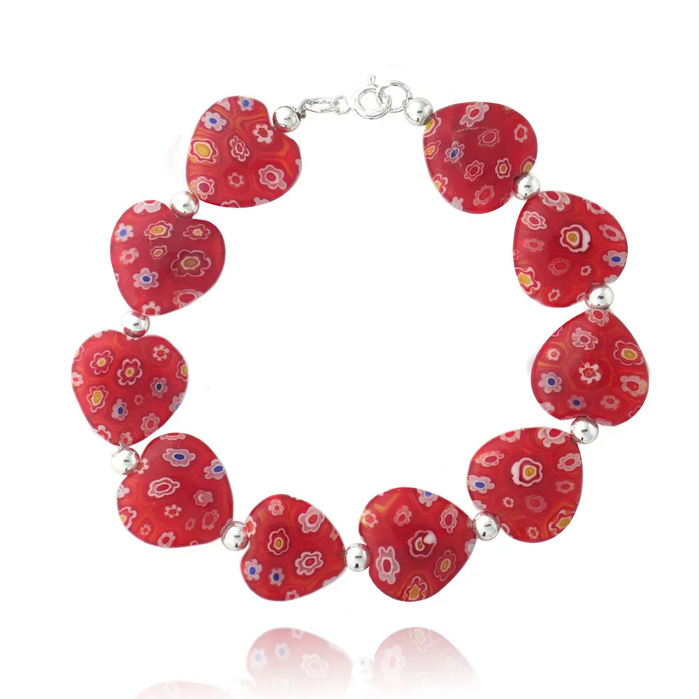 Sterling Silver Red Millifiori Murano Glass Heart Bracelet - Grocery