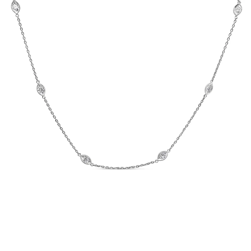 14K White Gold 1.00 Cttw Bezel Set Round Diamond Marquise Shaped Milgrain Station 18