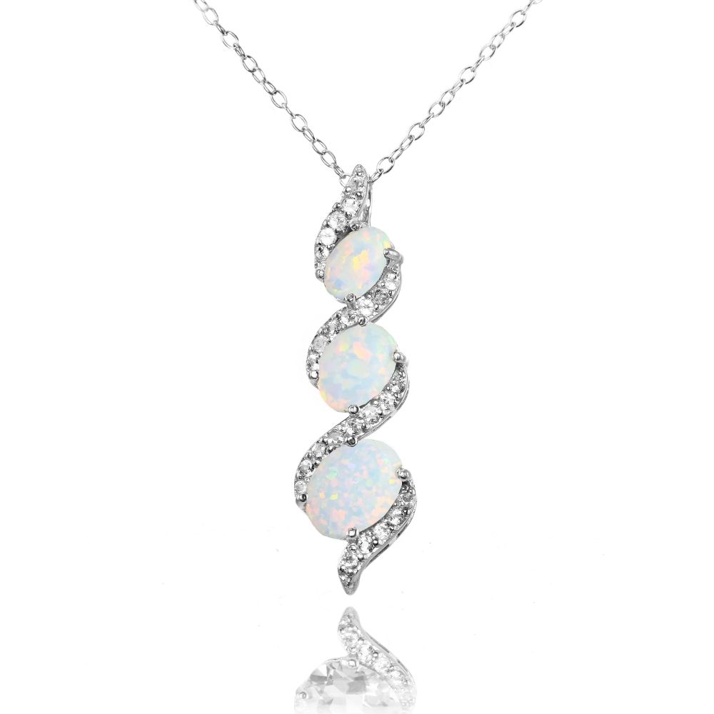 925 Silver Simulated White Opal & White Topaz Oval S Design Three-Stone Necklace - Grocery