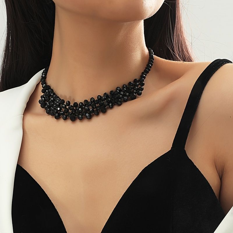 Black Glass Chunky Beaded Necklace Multi Layers Choker Necklace Prom Party Festival Accessories - Grocery