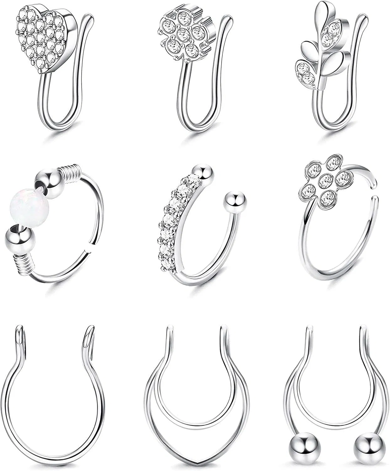 9Pcs Fake Nose Rings Stainless Faux Nose Ring Hoop Inlaid CZ for Women Fuax Septum Ring Clip On Nose Ring Fakes Septum Rings Non Piercing 16/20G - Grocery