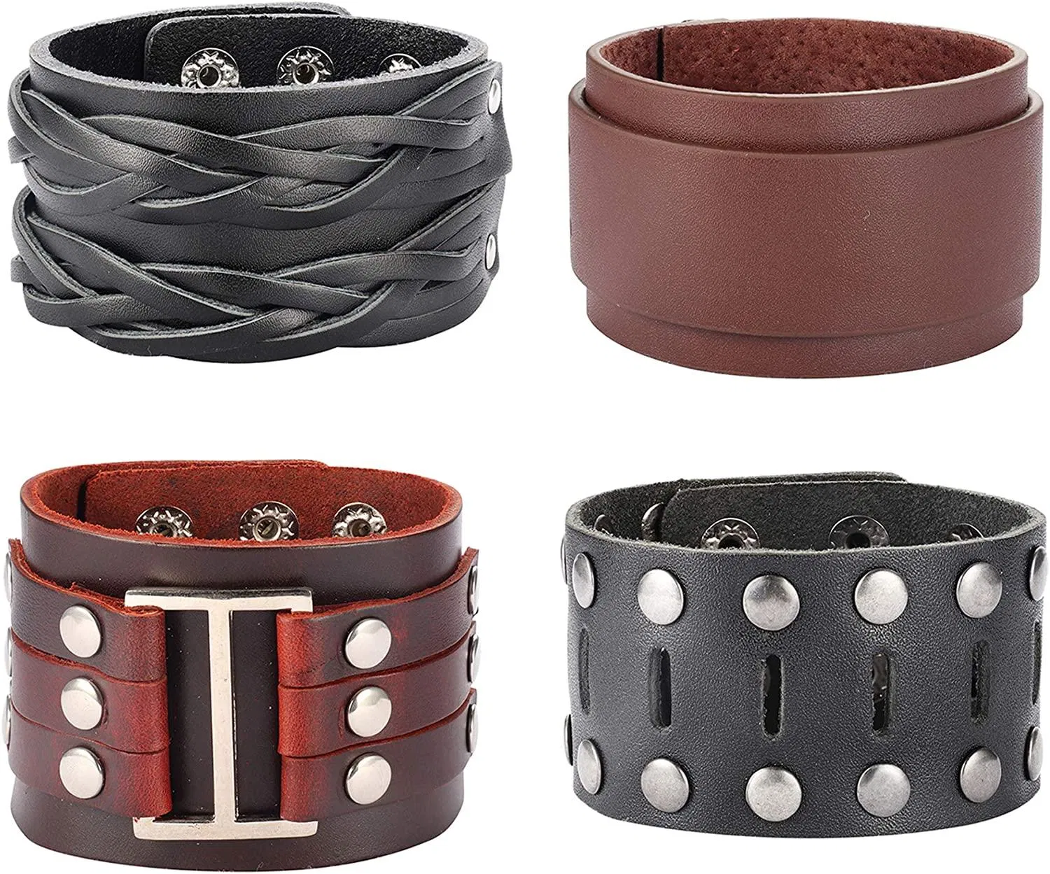 4Pcs Leather Cuff Bracelet for Men Women Brown Punk Rocker Wide Cuff Wristband Bracelet Gothic Adjustable Wrap Bracelet - Grocery