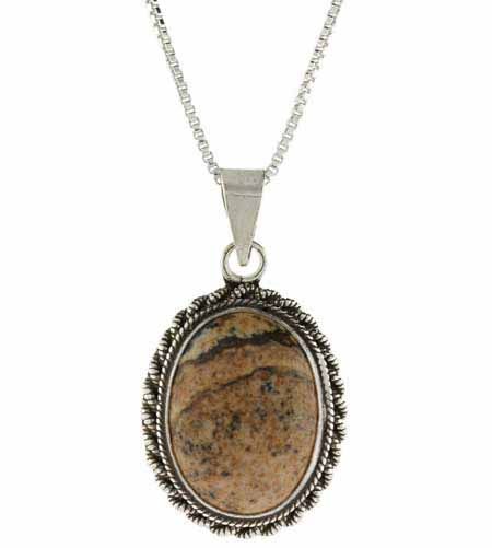 Genuine Picture Jasper Stone Twisted Sterling Silver Border Oval Pendant - Grocery