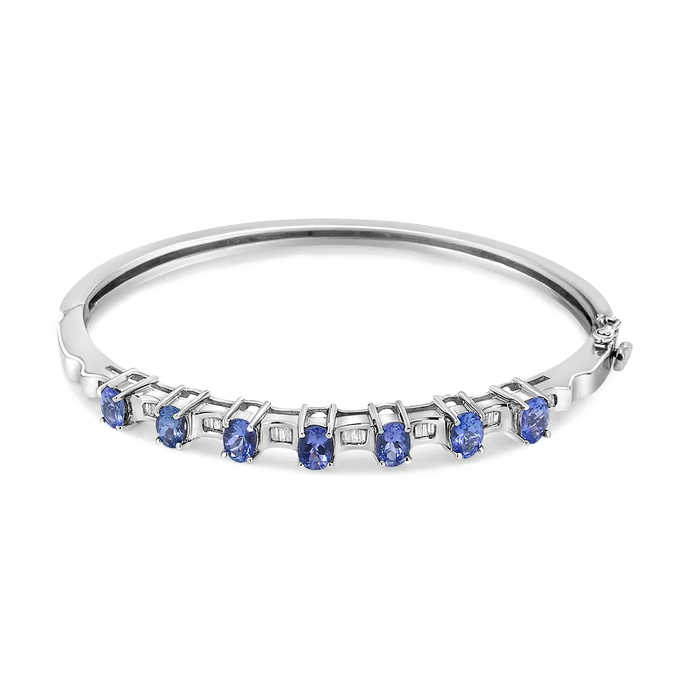14K White Gold 5 MM Oval Blue Tanzanite and 1/4 Cttw Diamond Bangle (H-I Color, VS2-SI1 Clarity) - Fits wrists up to 7 1/2 Inches - Grocery