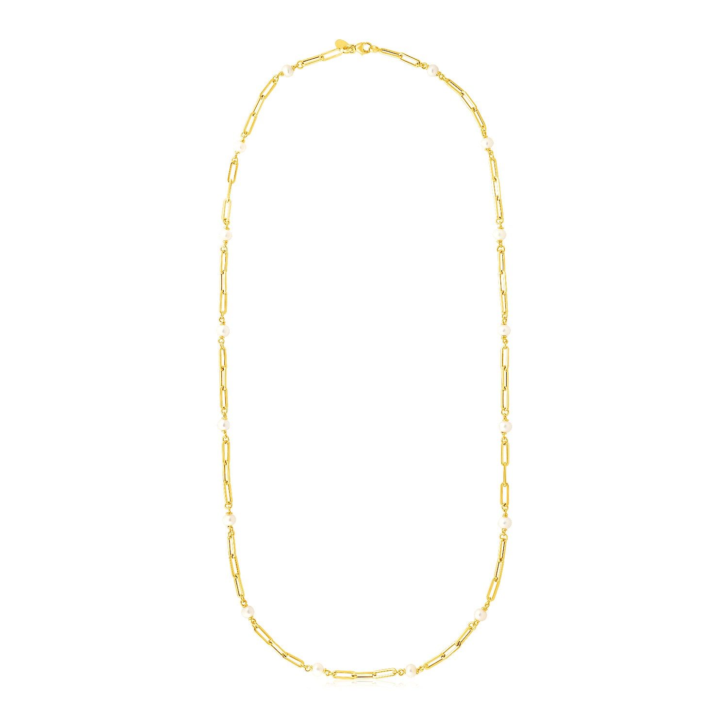 14k Yellow Gold Paperclip Chain and Pearl Necklace - Grocery
