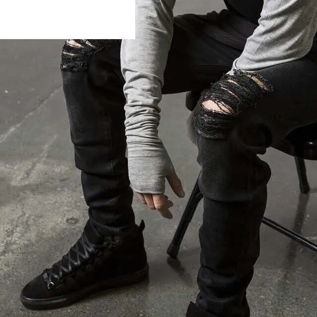 Men Stretch Destroyed Ripped Black Jeans Pant - Grocery