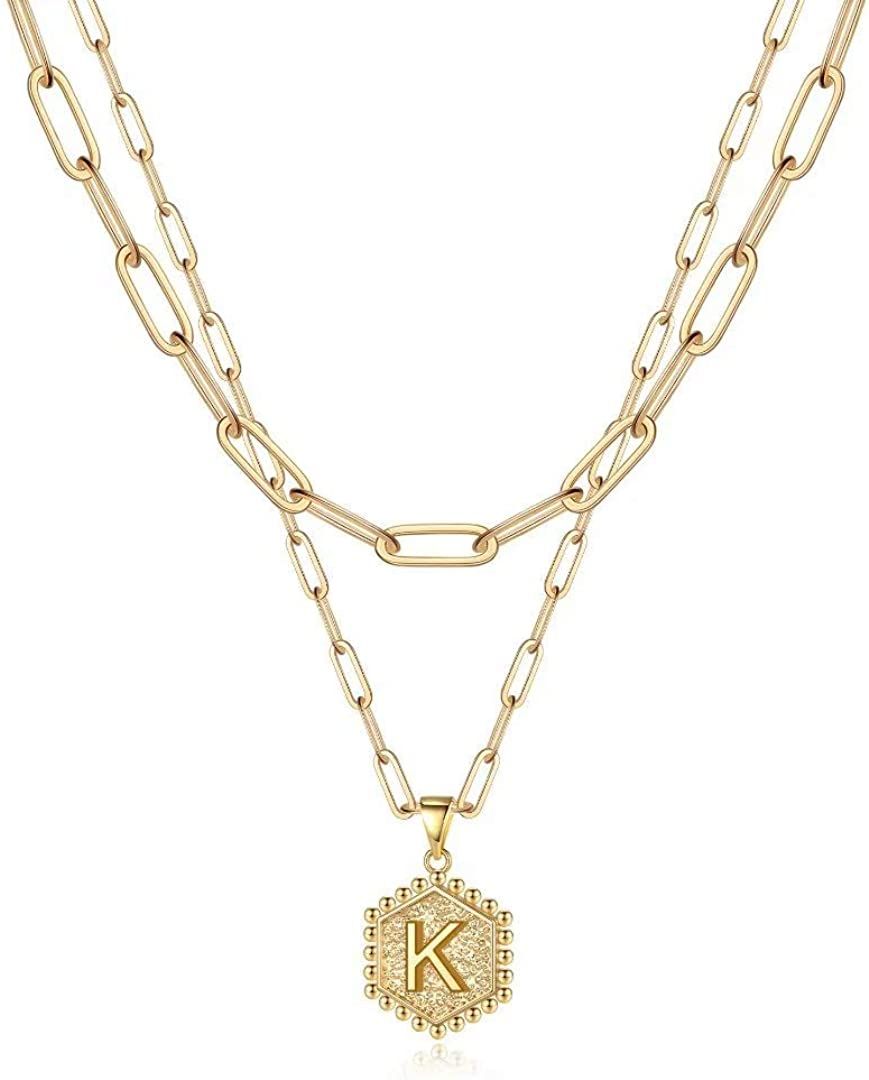 14K Gold Plated Paperclip Chain Necklace Simple Cute Hexagon Letter Pendant Initial Choker Necklace Gold Layered Necklaces for Women - Grocery