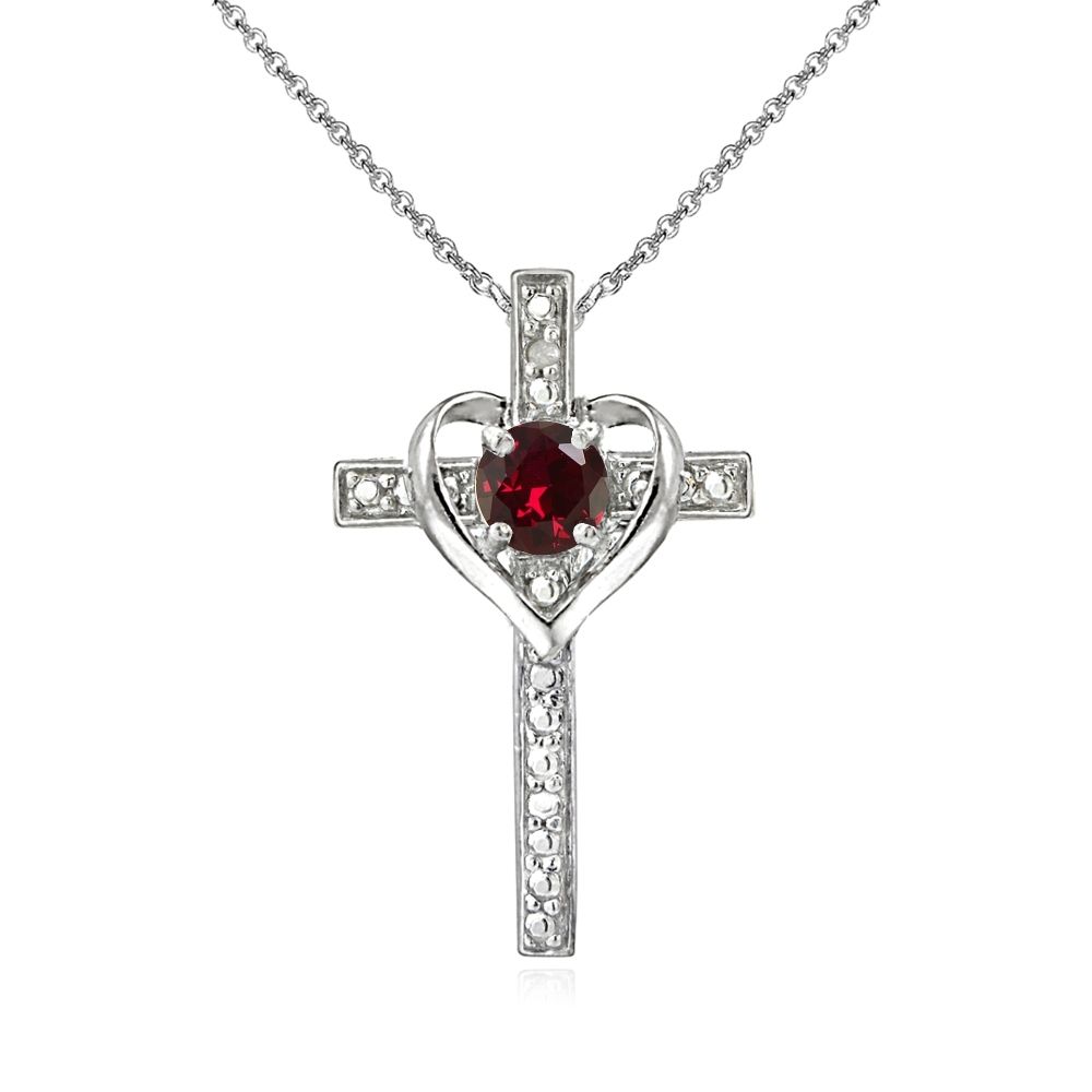 Sterling Silver White Topaz Cross Heart Pendant Necklace - Grocery