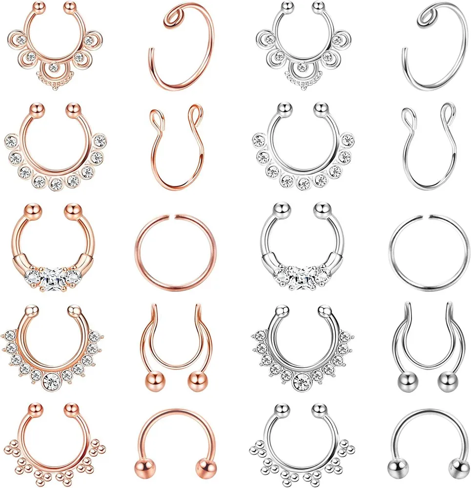 20Pcs Fake Septum Nose Hoop Rings for Women Men CZ Nose Hoop Rings Clip On Adjustable Fake Lip Ear Nose Non-Pierced Hoop Rings Surgical Steel - Grocery