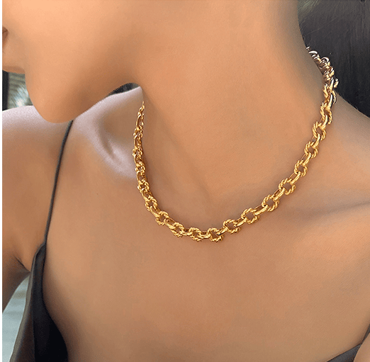 Brass With 18K Gold Geo OT Chained Necklace Women Jewelry Designer T Show Runway Gown Rare INS Japan Korean Fashion - Grocery