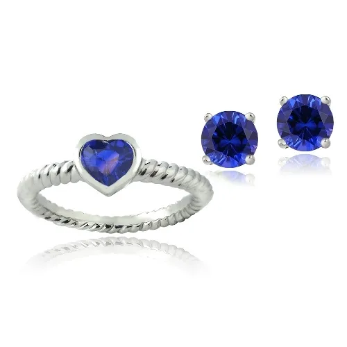 Silver Tone 1.75ct Created Blue Sapphire Heart Ring & Stud Earrings Set - Grocery
