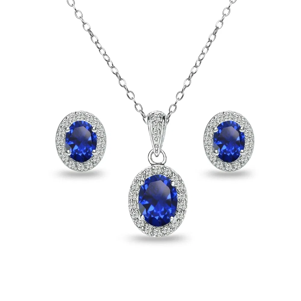 Oval Created Blue Sapphire & White Topaz Necklace & Stud Earrings Set in Silver - Grocery