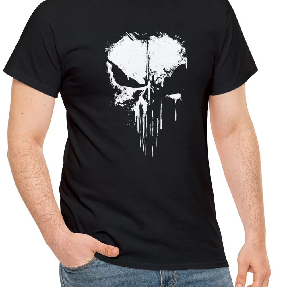 Men's Fashionable Skull Print Sports T-shirt, Summer Casual Elastic Round Neck T-shirt - Grocery