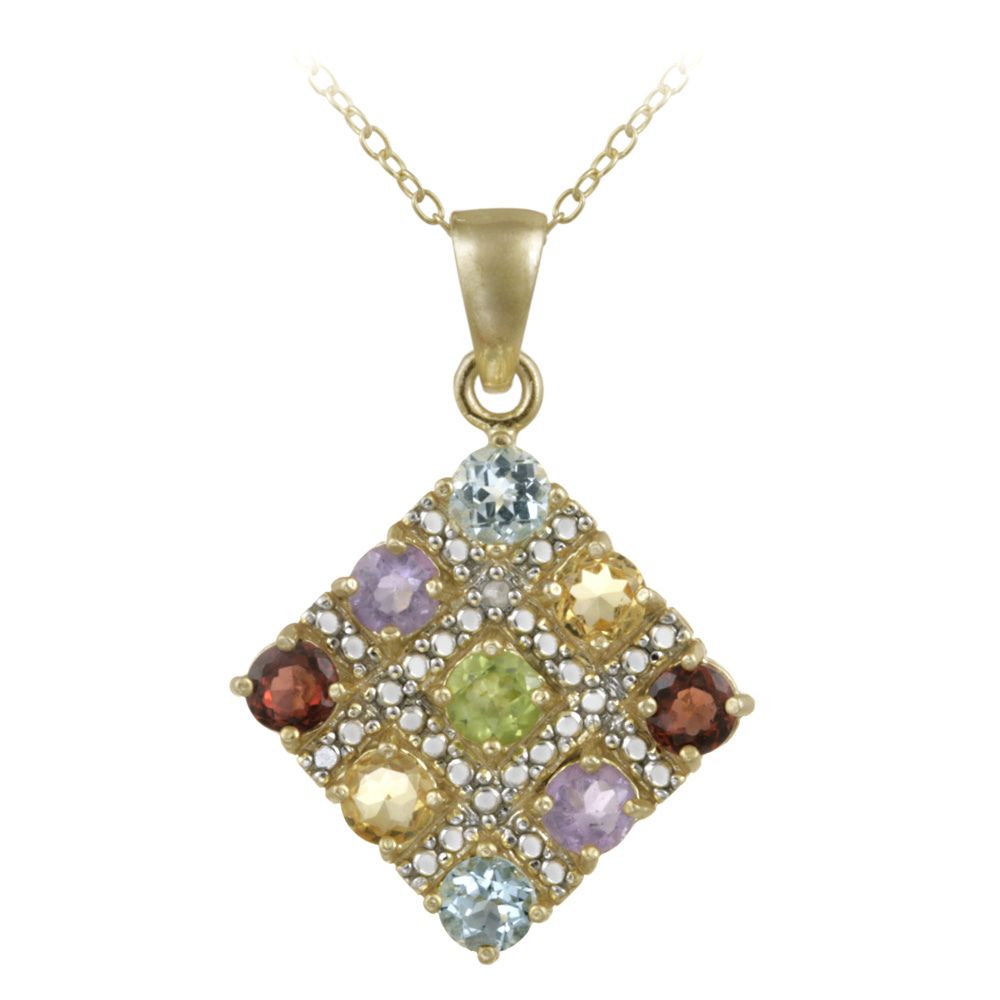 18K Gold over Sterling Silver Multi Color Gemstone & Diamond Accent Diamond Shape Pendant - Grocery