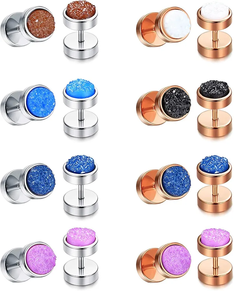 8 Pairs Stainless Circle Flat Illusion Tunnel Dumbbell Earrings for Men Women Dot Studs Earring Cheater Earrings Plugs Gauge Punk Style - Grocery