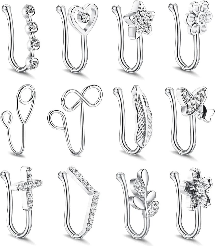 12Pcs Fake Nose Ring Hoop; Nose Cuffs for Non Pierced for Women Men; African Nose Cuff Faux Septum Nose Piercing CZ Hoop Rings Clip On - Grocery
