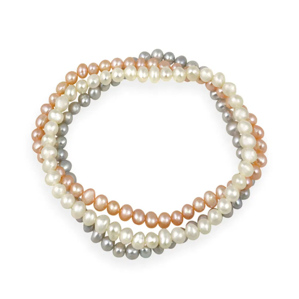 4-4.5mm White, Peach, Gray, Freshwater Cultured Pearls Stretch Bracelets, Set of 3 - Grocery