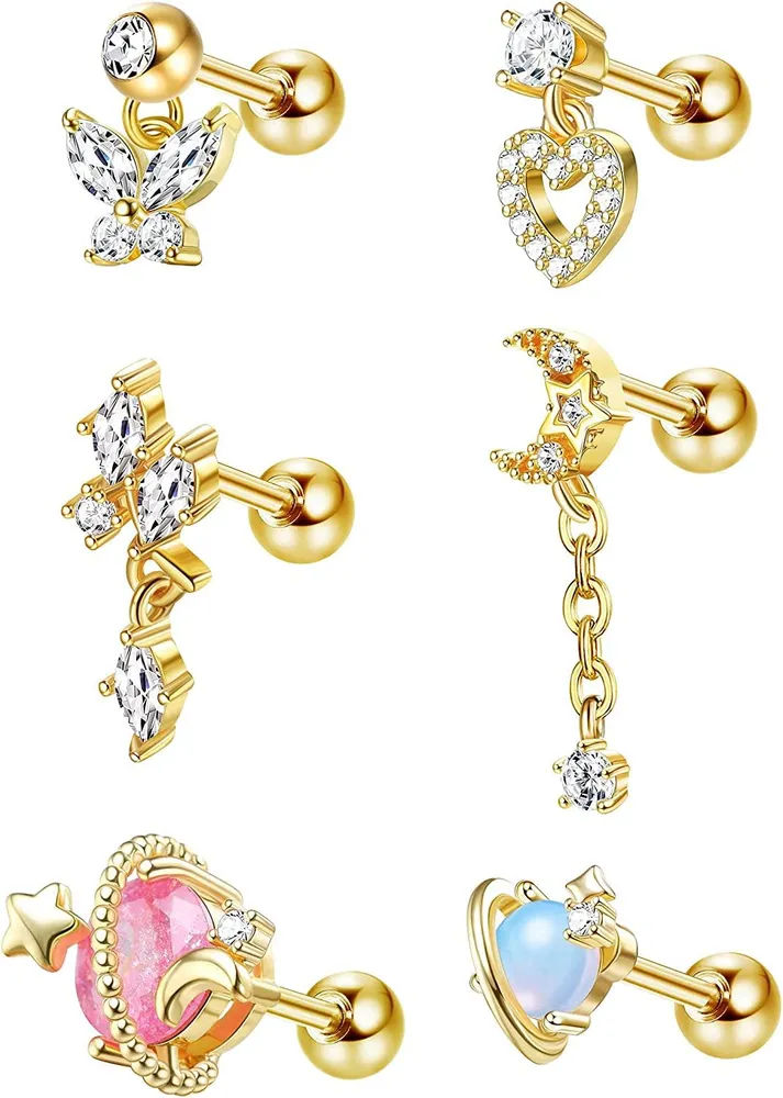6Pcs 16G 316L Stainless Cartilage Earrings Dangle Helix Cartilage Tragus Earring Studs Moon Butterfly Heart Saturn Ear Piercing for Women Men - Grocery