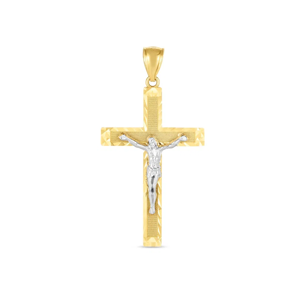 14k Two Tone Gold High Polish Diamond Cut Cross Pendant - Grocery