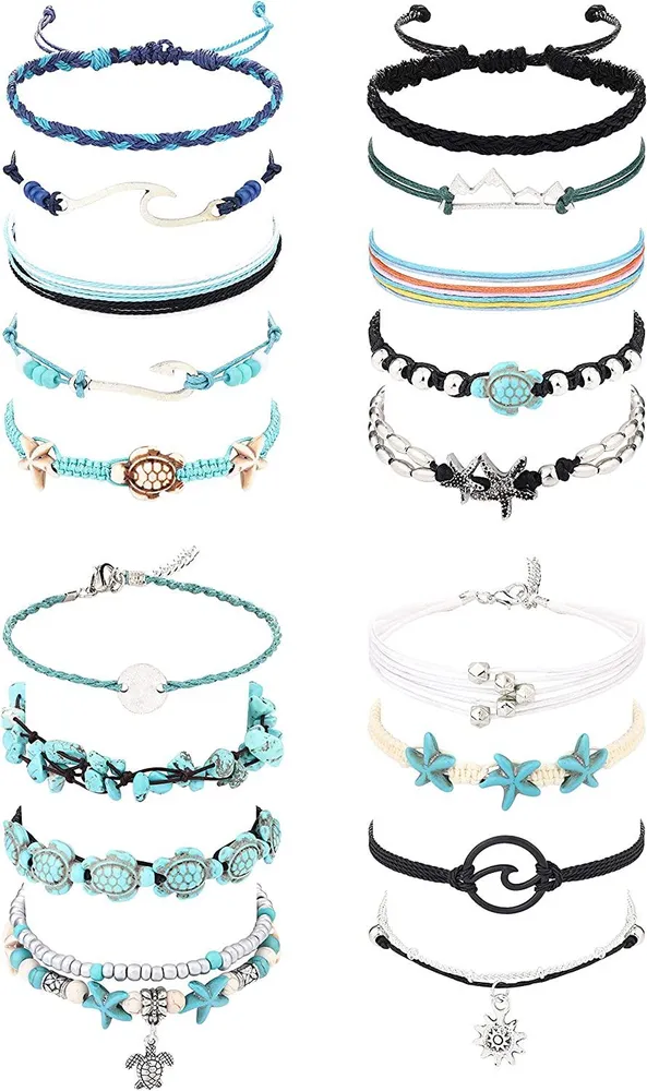 18PCS Wave Strand Anklet Bracelet Set for Women Turtle Wave Anklet String Braided Rope Summer Beach Ankle Bracelets Foot Jewelry - Grocery