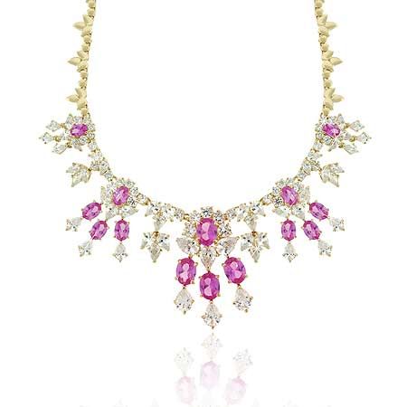 Vermeil (24K Gold over Sterling Silver) Simulated Diamond & Dark Pink cz Stone WaterFall Estate Necklace - Grocery