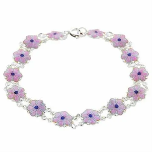 Silver Pink and Purple Enamel Flower Summer Link Bracelet - Grocery