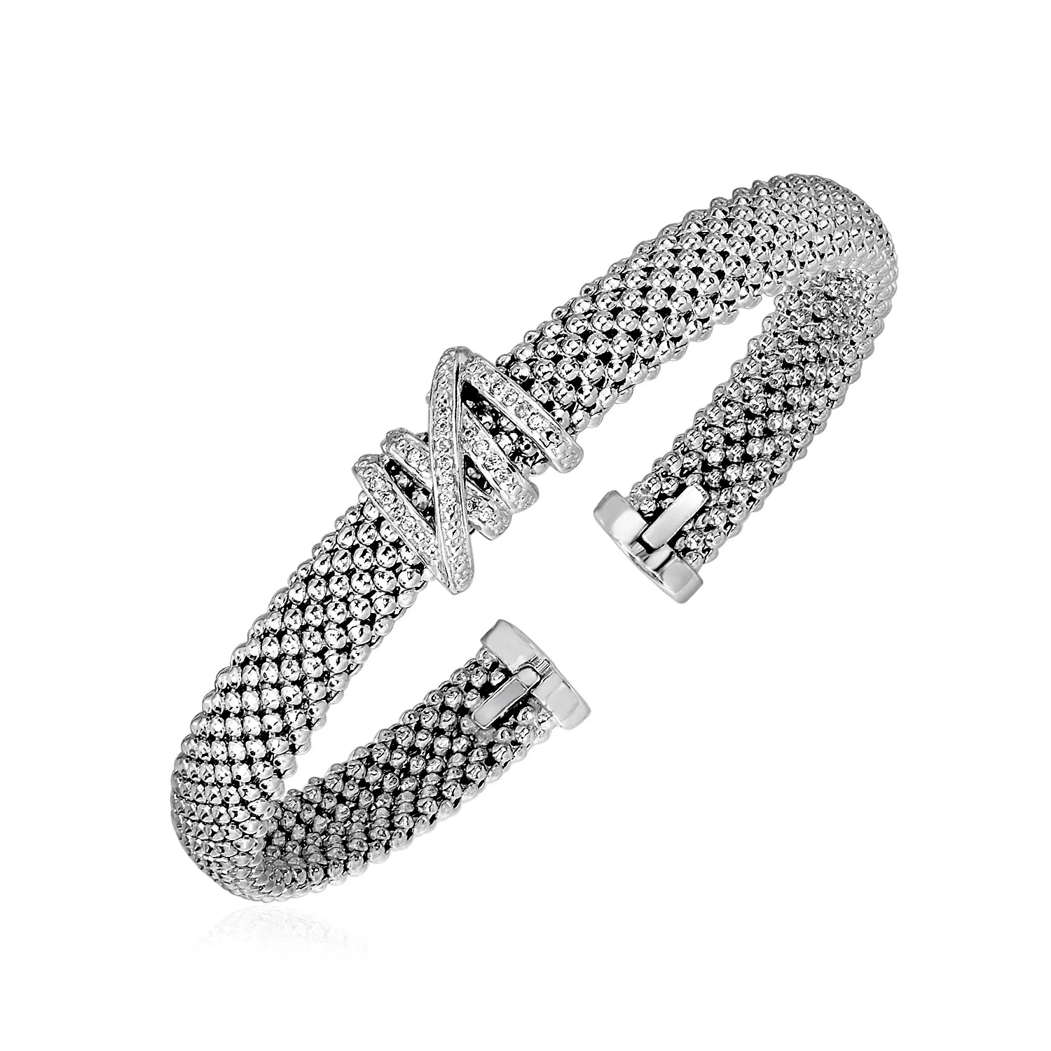 Popcorn Texture Cuff Bangle with Diamonds in Sterling Silver - Grocery