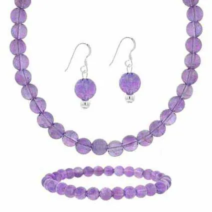 Sterling Silver Cabochon Amethyst Dangle Earrings, Stretch Bracelet, & Necklace Jewelry Set - Grocery