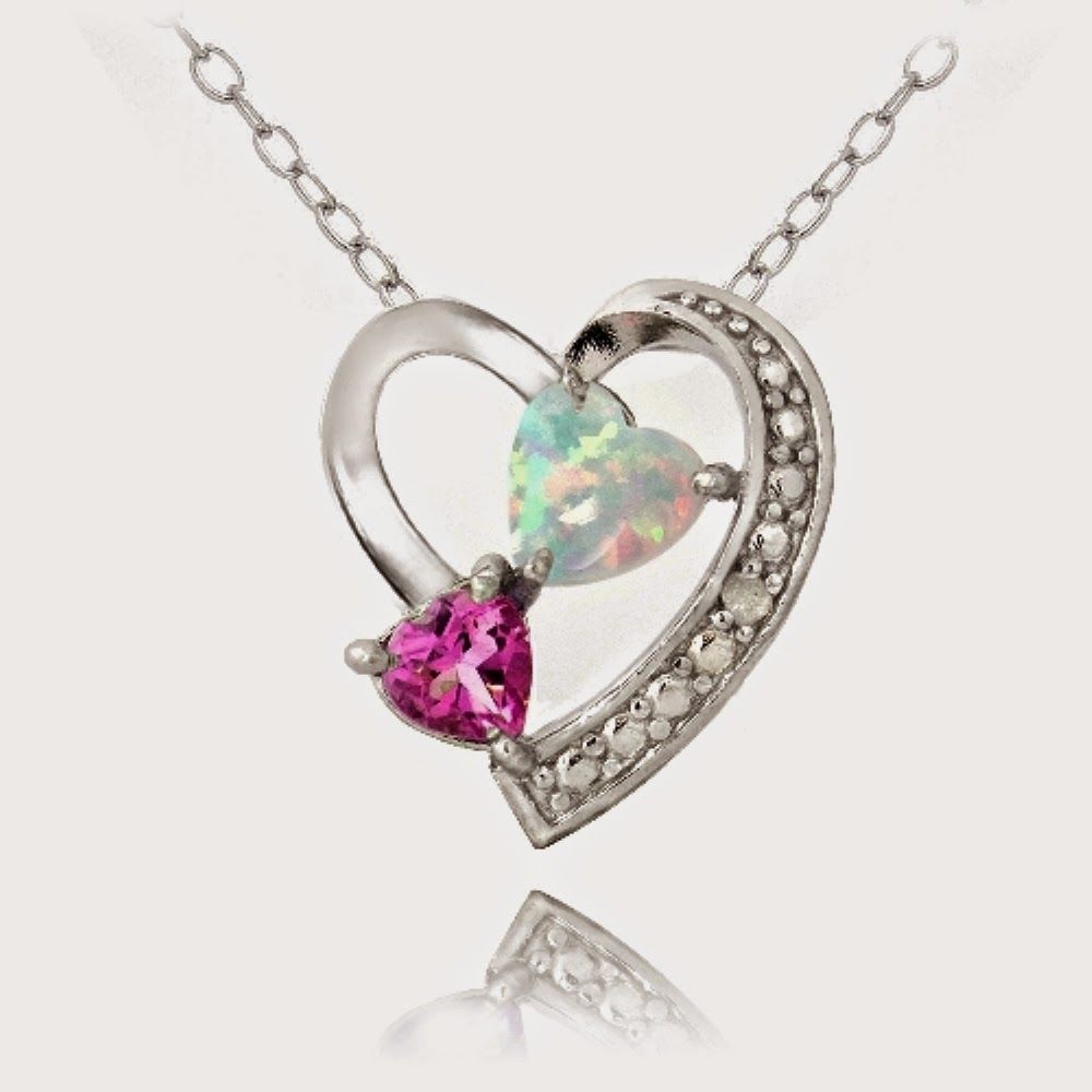 Sterling Silver Diamond Accent Created Pink Sapphire & White Opal Triple Heart Necklace - Grocery