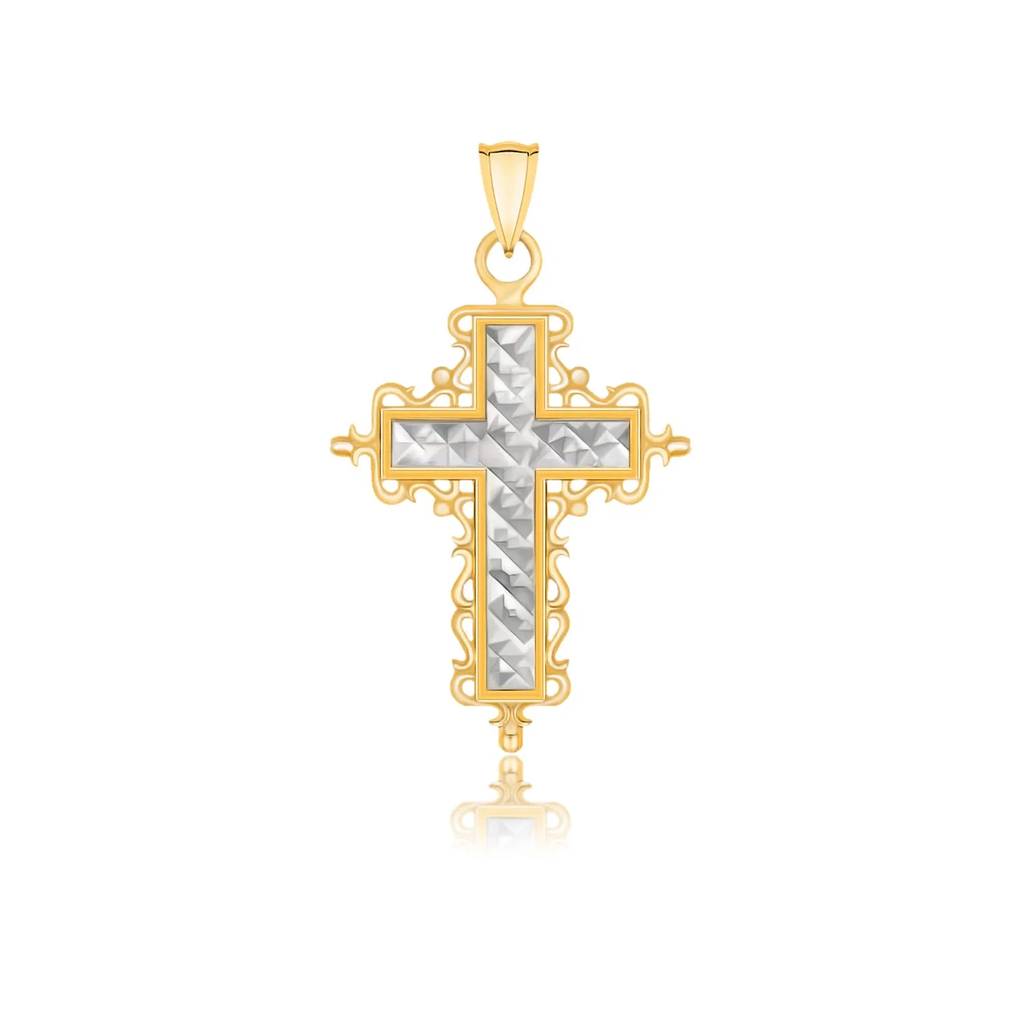 14k Two-Tone Gold Diamond Cut and Baroque Inspired Cross Pendant - Grocery